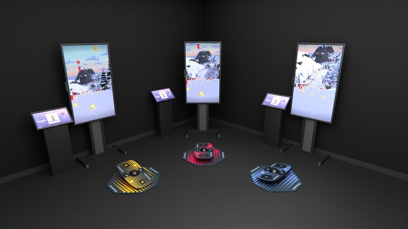Three BalancePlay Pro Pro Smart Balance Board units arranged in a semi-circle with illuminated hexagonal platforms and winter sports content displayed on large vertical screens.