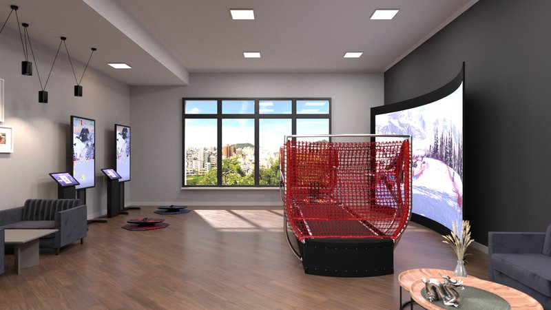 A photorealistic 3D rendering of a showroom interior featuring the SkyTechSport Ski Simulator with its distinctive red safety-net frame positioned in front of a large curved immersive projection screen displaying a ski slope, with BalancePlay Pro Pro balance boards on the floor, digital display stands along the wall, and lounge seating throughout the space.